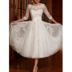 kurzes Spitze Standesamt Brautkleid Hochzeitskleid Kleid Braut 3/4 Ärmel BC929 - Bild 1 von 5