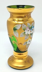 Antique Vintage Moser Bohemian Czech Green Art Glass Bud Vase Gold Enamel 4.25" - Picture 1 of 6