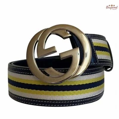 Authentic Gucci White Yellow Navy Canvas Black Leather Interlocking G Belt 85/34 - Image 1 of 4