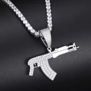 D/FL Round Cut Brilliant Moissanite 14K White Gold Over AK47 Gun Mens Pendant 2" - Picture 1 of 8