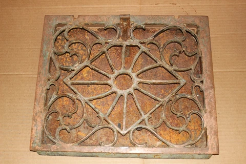 Antique Ornate BRASS Vintage Floor/Wall Grate Air Register Vent 11 x12 3/4 WORKS Cover