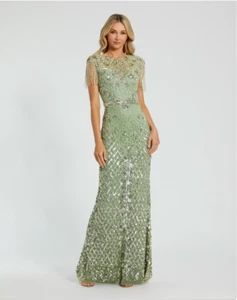 VESTIDO MAC DUGGAL 4908 cuello alto sin mangas con flecos ajustados salvia talla 4 - Imagen 1 de 4