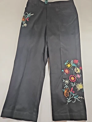 Rafaella Capri Pants. Women's Size 6. Black With Floral Embroidery.  - Image 1 of 4