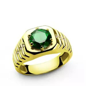 Emerald Ring for Men with Natural Diamonds in 14k Yellow Gold - Picture 1 of 45