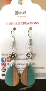 Handmade Turquoise Teal Resin & Brown Wood Teardrop Flower Dangle Women Earrings - Picture 1 of 6