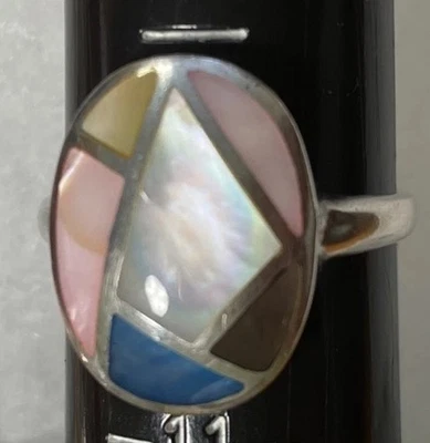 Anillo De Colección SETA Plata de Ley 925 Ovalado con Incrustaciones Rosa Azul Madreperla Talla 10 Foto 1 de 4