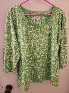 Denim & Co Womens Pullover Cotton Span SUPER CUTE!!GREEN AND WHITE! VGUC SIZE XL - Picture 1 of 9