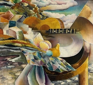 Guitarra Paisaje Bodegón Cubista Siglo XX, Pintura Batik Vintage - Imagen 1 de 8