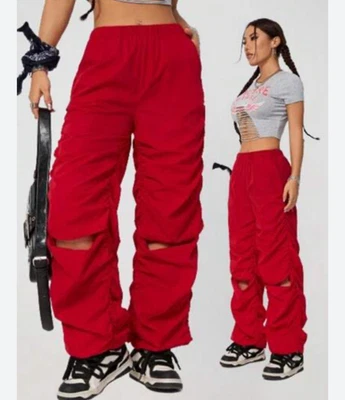 Pantalones de patinador Shein Coolane para mujer L rojos ceñidos fruncidos atados laterales paracaídas rave Foto 1 de 4