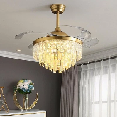42" Crystal Chandelier Invisible Ceiling Fan 3 Speeds 3 Color LED Light w/Remote - Image 1 of 2