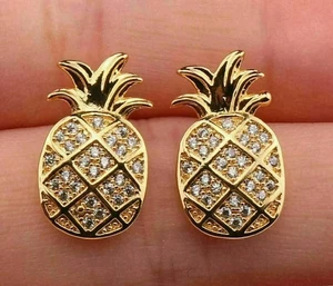 2Ct Round Cut Lab Created Diamond Pineapple Stud Earrings 14k Yellow Gold Plated - Picture 1 of 4