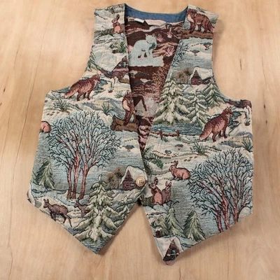 GOTCHA COVERED winter forest animals aop tapestry vest SMALL vtg 90s usa made - Image 1 of 4