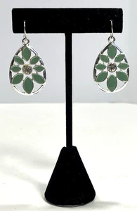 Earthy Green Floral Dangle Earrings Silver Toned - Picture 1 of 8