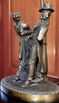 1930's Era Heavy Bronze Table Lamp w/ Cat & Dog in Victorian Clothes on Stand - Image 1 of 4