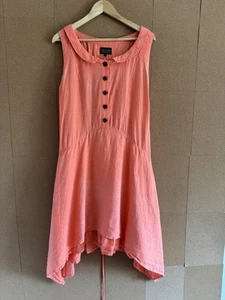 Olars Ulla Linen Dress Medium UK 12 14 Ch 40" Midi Salmon Pink Lagenlook Lace up - Picture 1 of 22