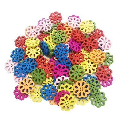 100 pieces mixed flower shape wooden buttons 4 holes buttons - Image 1 of 3