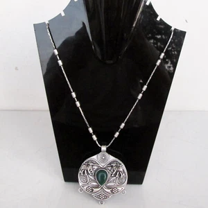 Oxidized Silver Plated Green Onyx Necklace Long Necklace Sz 22" Pendant jewelry - Picture 1 of 9