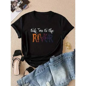 Women's "Take Me To The River" Pattern, Round Neck Short Sleeved T-shirt - Picture 1 of 12