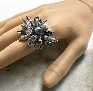 Vintage Beaded Cluster Cocktail Ring Stretch Gray Clear Beads Bold Statement - Picture 1 of 6