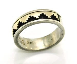 Anillo de plata esterlina y oro de 14 quilates firmado P Skeet tallado con patrón tribal 6,5 - Imagen 1 de 11