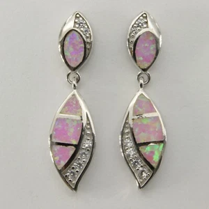 Unique FIRE OPAL Pink Post CZ Dangle Earrings 925 STERLING SILVER Rhodium #673e - Picture 1 of 3