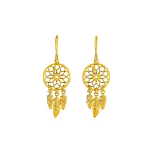 14k Yellow Gold 1.38" Length x 0.50" Width Dream Catcher Dangling Earrings - Picture 1 of 2