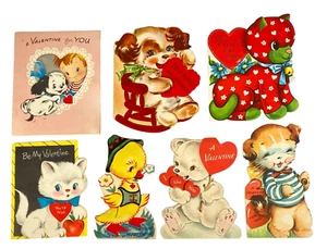 Valentine Cards Antique Vintage Die Cut 7 Children Velvet Signed Norcross Gibson - Picture 1 of 13
