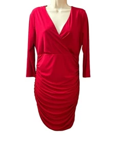 Ke.ned.ik Damen neu mit Etikett rot Faux Wickel 3/4 Ärmel gerafft Bodycon Kleid Größe Large - Bild 1 von 9