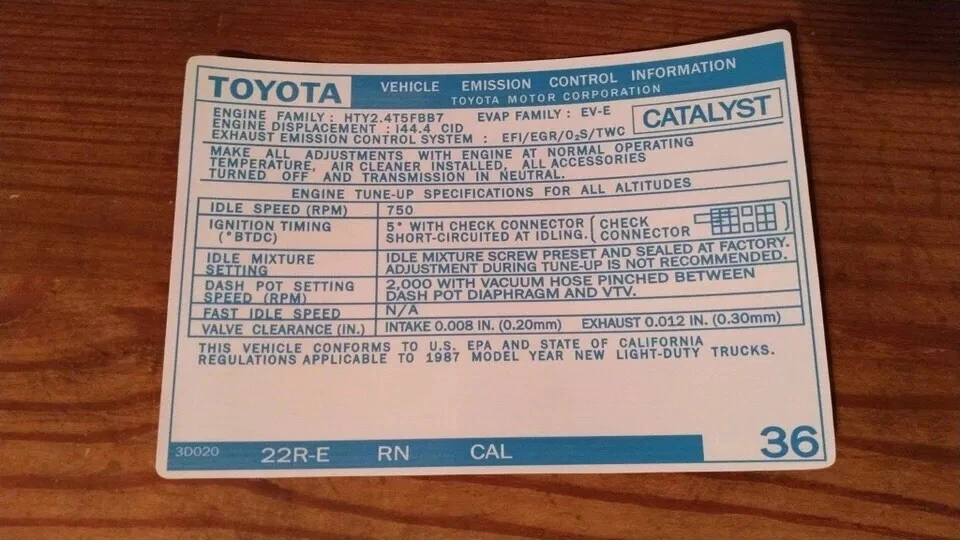 Toyota 1987 camioneta pickup/4runner calcomanía de emisiones repro pegatina 22re #36 Foto 1 de 1