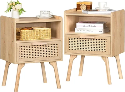 Set 2 comodini in rattan, tavolino boho con cassetto ripiano aperto, accento canna - Immagine 1 di 4