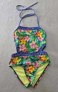 Hobie One Piece Swimwear Girls Size 10 Blue Floral Stretch Halter Cut Out - Picture 1 of 11