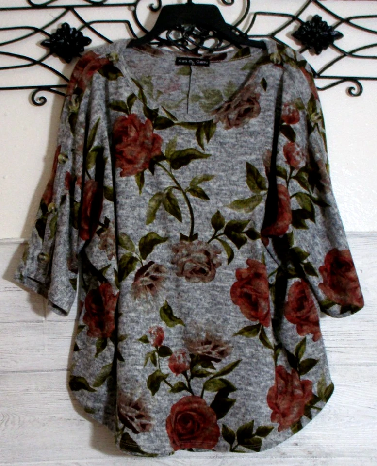Top para mujer Kim & Cami talla 2X manga corta multicolor floral cuello redondo Foto 1 de 4