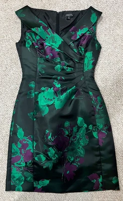 CUTE! Tahari Sz 2P Floral Printed Satin Portrait Collar Sheath Dress Black Multi - Image 1 of 4