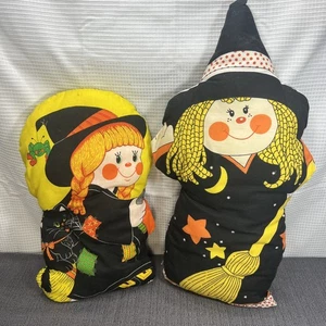 Vintage Handmade Halloween Pillow Stuffed Witch Pumpkin Black Cat Broom - Picture 1 of 11