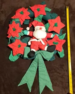 Handmade Fabric Christmas Wreath w/ Santa Claus & Pointsettias - 22" x 14" x 5" - Picture 1 of 6