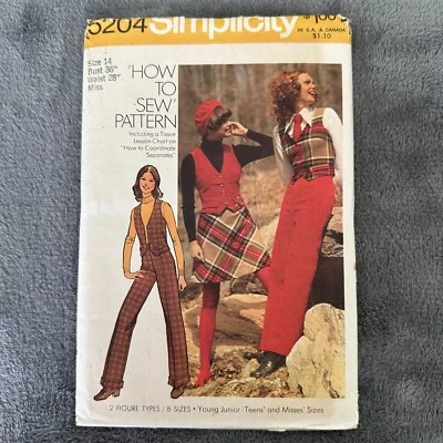 Simplicity 5204 Pattern 70s Mini Skirt Pants Vest Size 14 How To Sew Retro VTG - Image 1 of 4