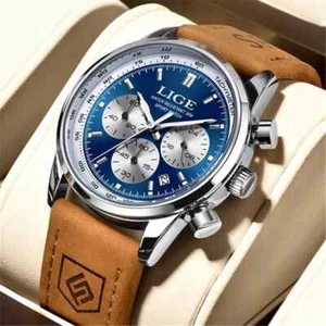 LIGE Men's Quartz Watch Leather Chronograph Calendar Luminous Sport Wristwatches - Picture 1 of 8