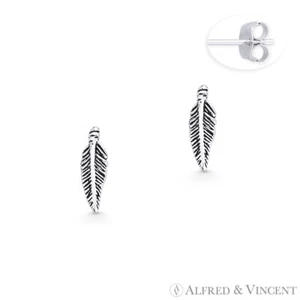 Antique-Finish Bird's Wing Feather Charm Stud Earrings 925 Sterling Silver Studs - Picture 1 of 1