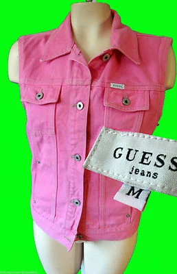 GUESS 1980s ROSA Corte Denim Vaquero Chaqueta Chaleco EE. UU. De Colección Dayglow Neón Mediano Años 80 Foto 1 de 4