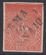 1853 PARMA 15 CENT VERMIGLIO USATO STAMPA OLEOSA +10% SASSONE 2021 n° 7 € 770.
