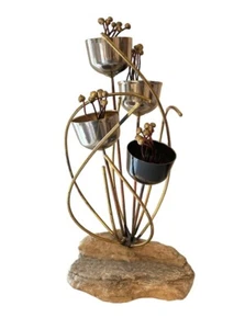 Vintage Mid Century Modern 70er Jahre Metall Blume Skulptur auf Steinsockel - Bild 1 von 9