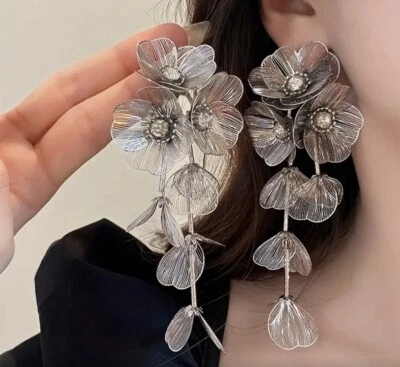 Zara Kate Middleton Silver Earrings Bafta Kate Flower Statement Cascading Boho  - Image 1 of 4