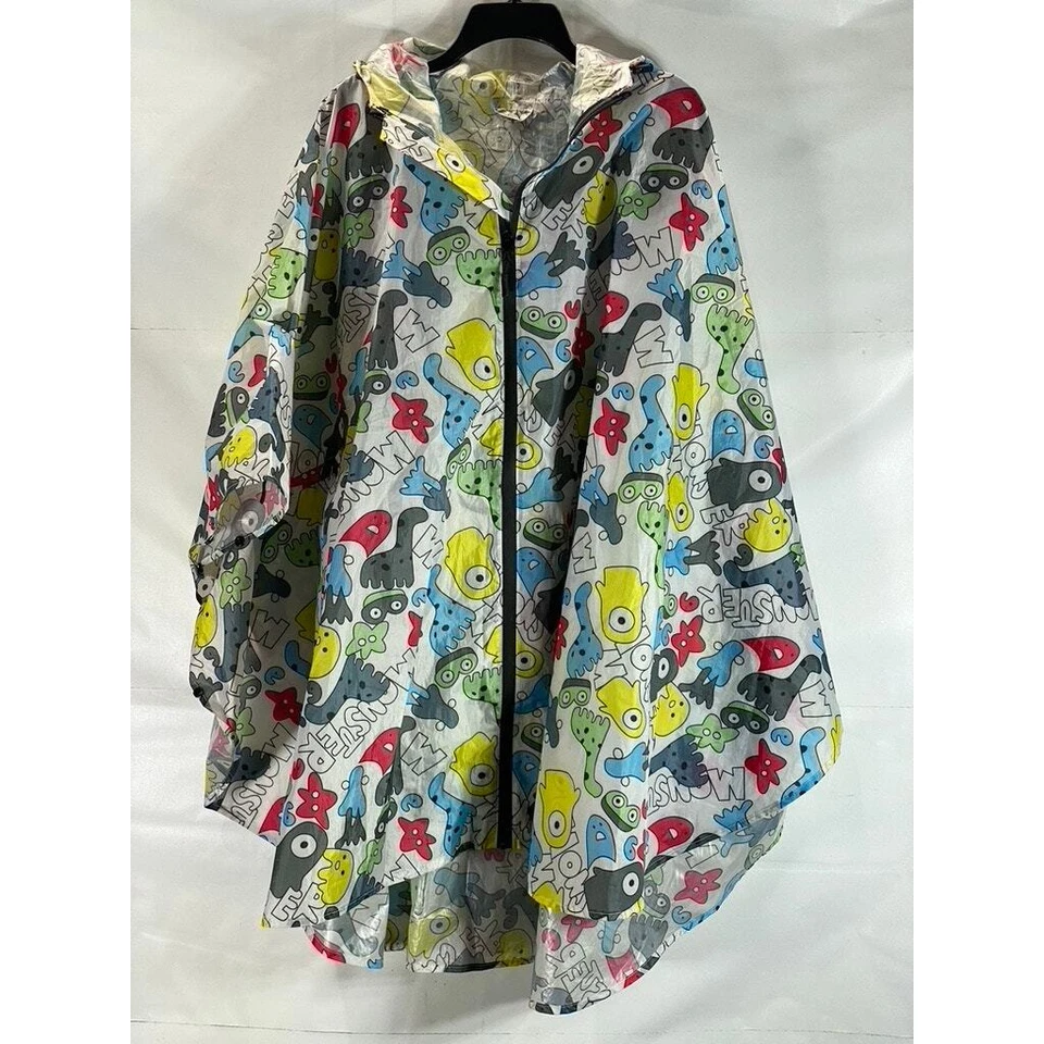 SAPHIROSE Unisex White Multicolor Monster Printed Zip-Up Hooded Rain Poncho SZXL Foto 1 de 4