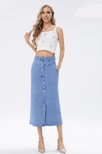 Women Casual Blue Stretchable Button Through Front Split Maxi Denim Skirt. S-2XL - Picture 1 of 16