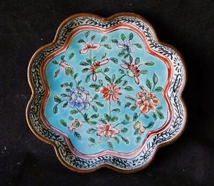 19thC Chinese Copper Canton Enamel Floral Hand-Painted Dish Qing Antique - Picture 1 of 7