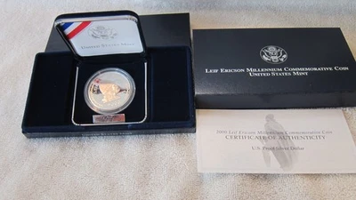 2000-P Leif Ericson Proof $1 Silver US Commemorative COA & OGP - Image 1 of 2