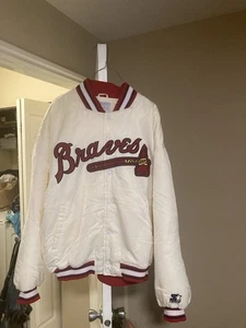 Vintage MLB Atlanta Braves White Satin Starter Bomber Jacket 3XL Rare White XXXL - Picture 1 of 2