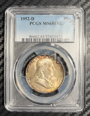 Medio dólar Franklin 1952-D 50c graduación profesional MS65 FBL hermoso tono Foto 1 de 2