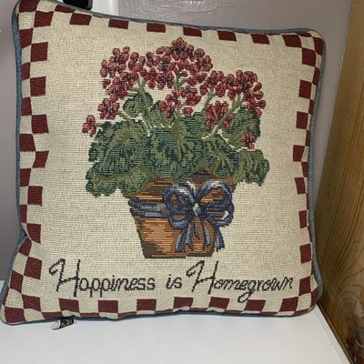 Happiness Is Homegrown Tapestry Throw Pillow 12" Red Checkers Floral Bouquet - Image 1 of 4