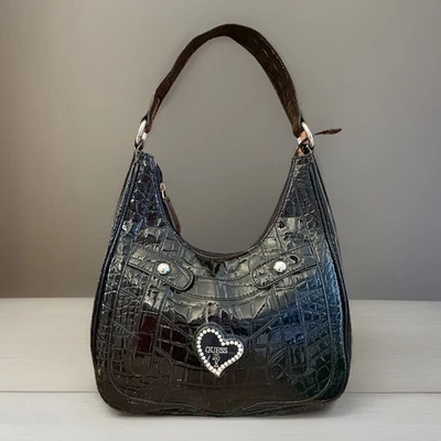 Vtg Guess Black Croc Embossed Y2K Shoulder Bag Purse hobo croc Heart Emblem - Image 1 of 4
